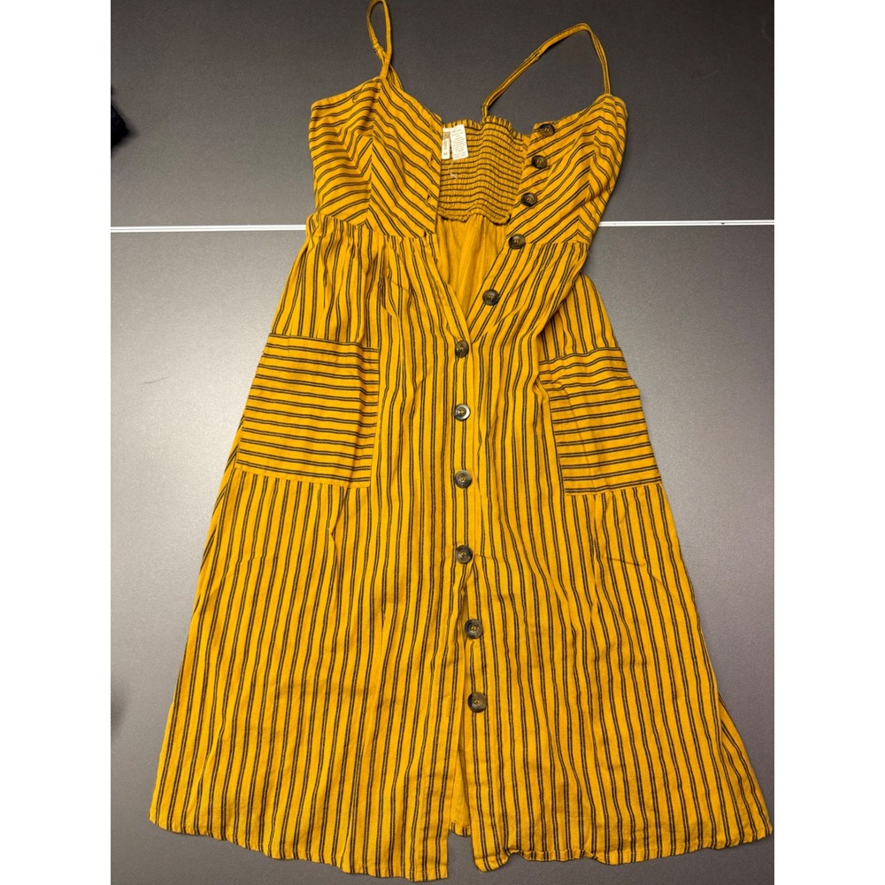 Japna Mustard Yellow Striped Cotton Midi Dress Button Front Pockets Womens M